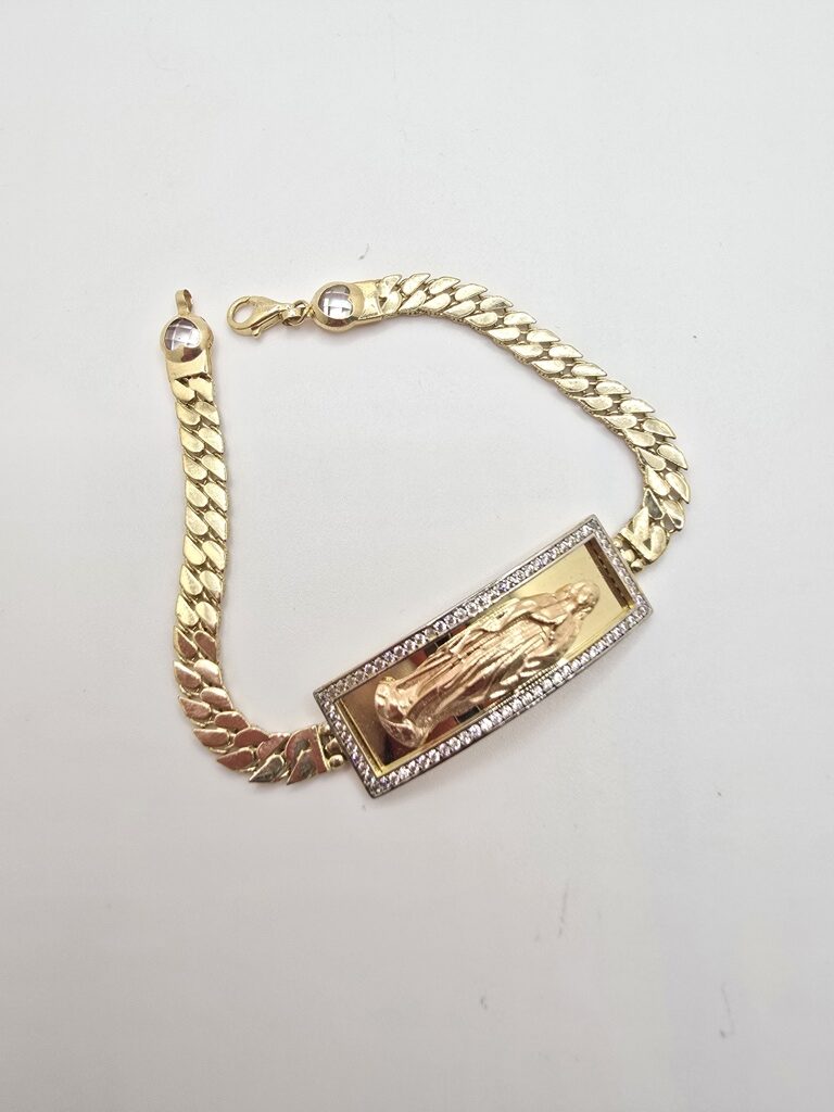 10K FLAT CURB LINK BRACELET WITH VIRGIN MARY – 7" 5.5MM – JY Jewelry Wholesale