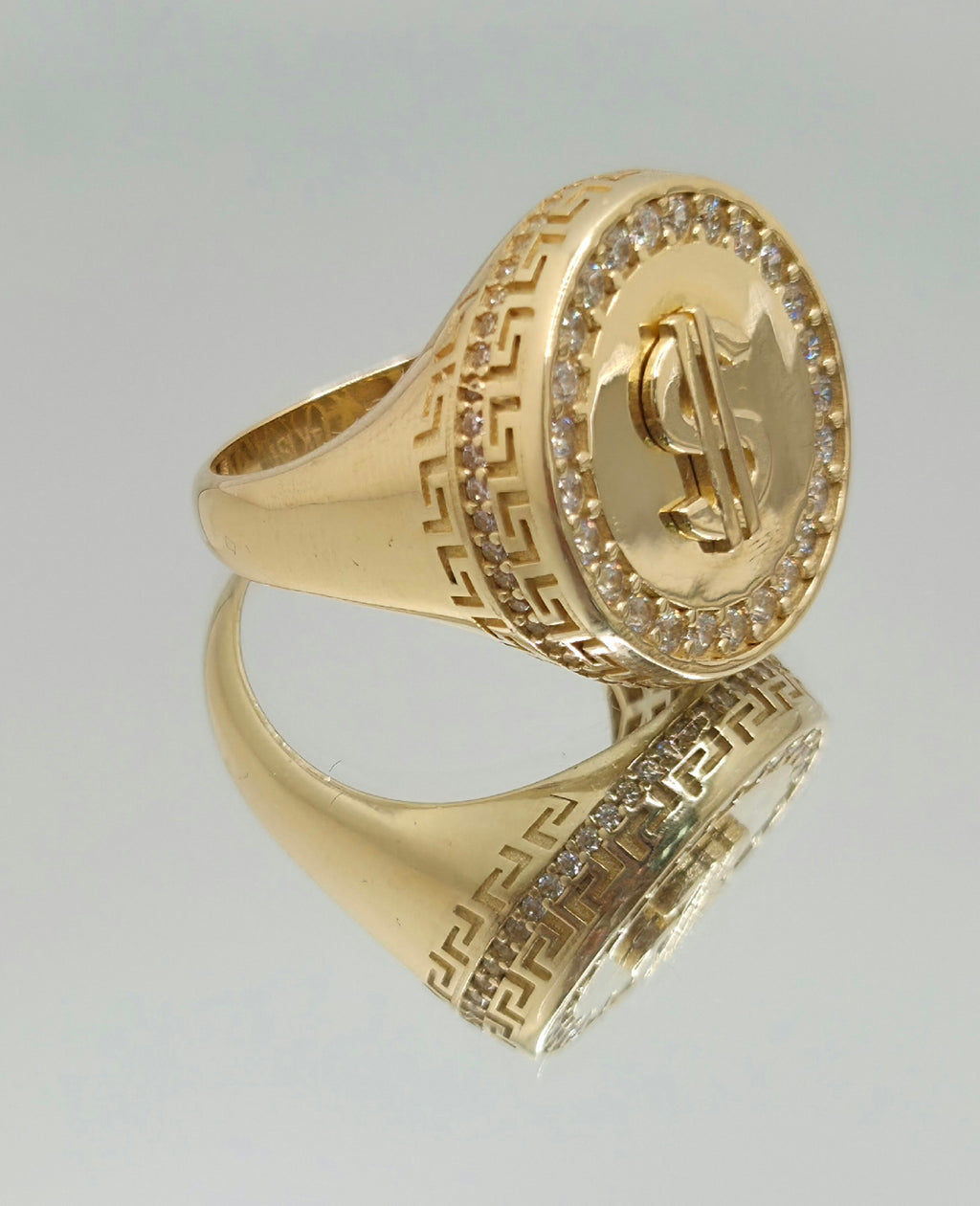 14K MONEY SYMBOL CZ ROUND RING – 11 – JY Jewelry Wholesale