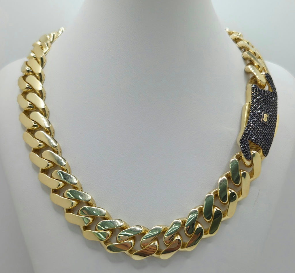 10K CERTIFIED MONACO CHAIN BLACK CZ CLOSURE – 22" 13.5MM – JY Jewelry Wholesale