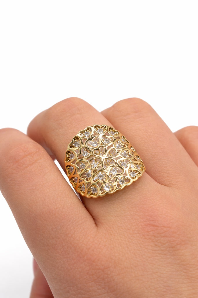 14K LARGE MODERN MANY HEARTS CZ DETAIL RING – 7 – JY Jewelry Wholesale