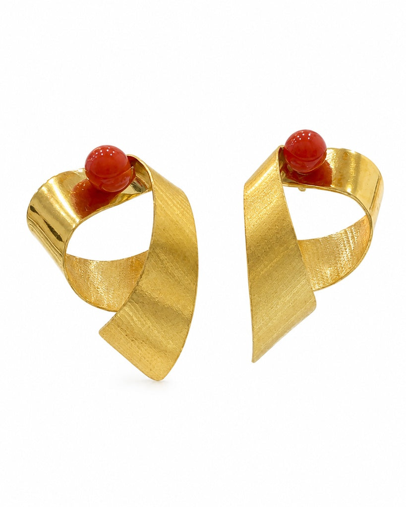 18K Sculptural Gold Ribbon Earrings with Red Accents – JY Jewelry Wholesale