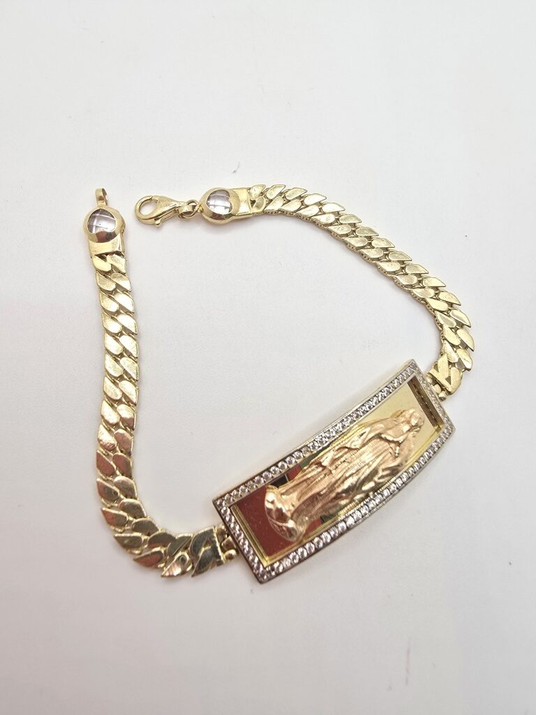 10K FLAT CURB LINK BRACELET WITH VIRGIN MARY – 7" 5.5MM – JY Jewelry Wholesale