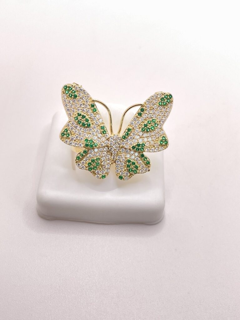 10K FANCY BIG BUTTERFLY WITH GREEN AND WHITE STONES RING – 7 – JY Jewelry Wholesale