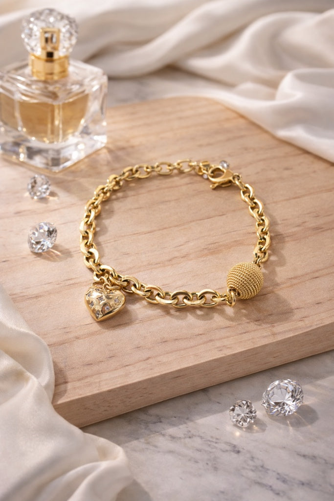 14K MODERN HEART DANGLING ROLO BRACELET – 8" – JY Jewelry Wholesale