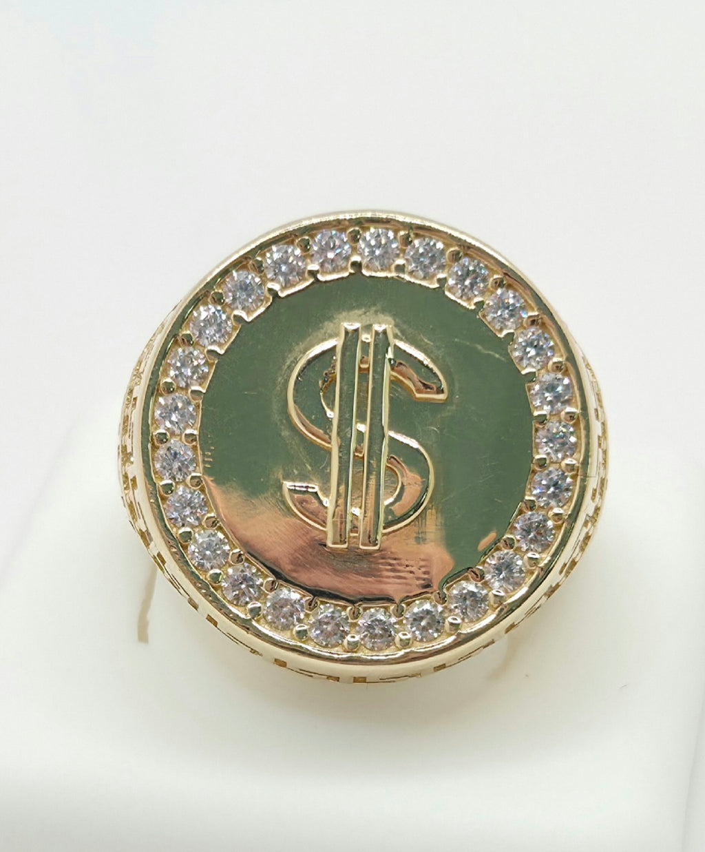 14K MONEY SYMBOL CZ ROUND RING – 11 – JY Jewelry Wholesale