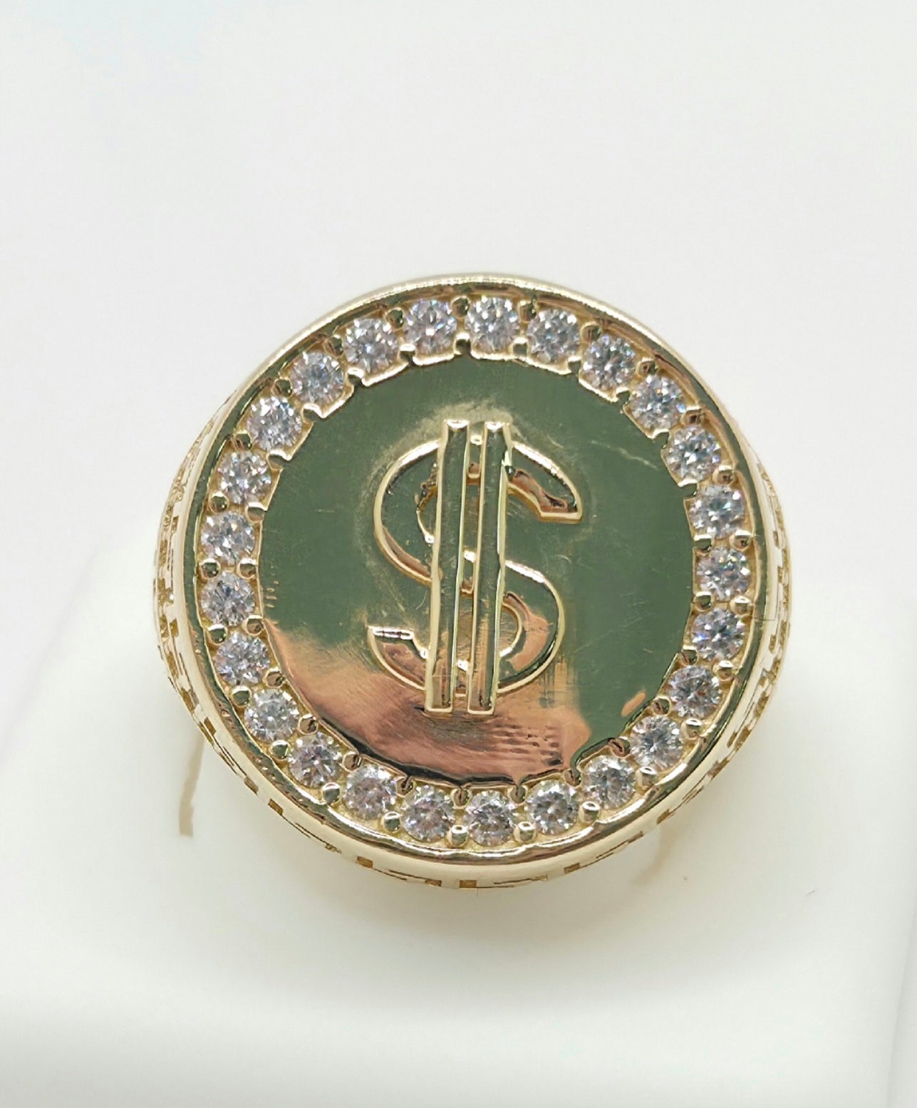 14K MONEY SYMBOL CZ ROUND RING – 11 – JY Jewelry Wholesale