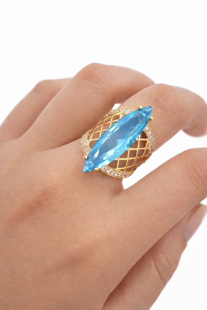 10K NET BACKGRAIND SKY BLUE ALMOND STONE RING – 6.5 – JY Jewelry Wholesale