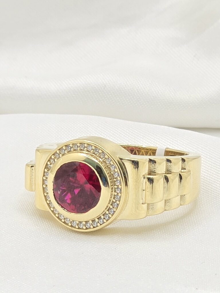 14K CIRCULAR RING WITH RED STONE AND CZ DETAILS – 12 – JY Jewelry Wholesale