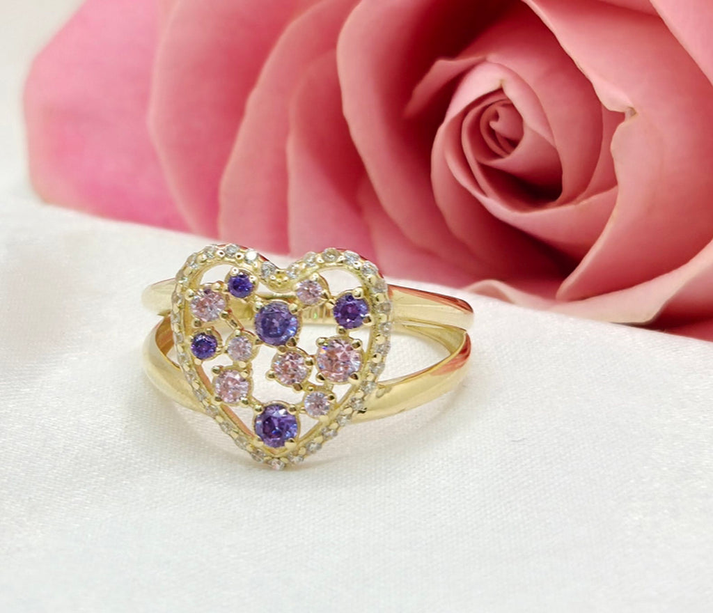 10K PURPLE AND PINK STONES HEART RING CZ – 8 – JY Jewelry Wholesale