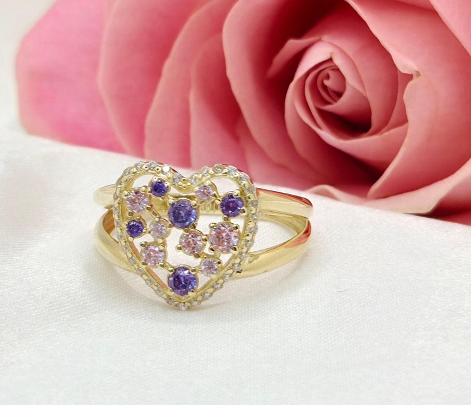 10K PURPLE AND PINK STONES HEART RING CZ – 8 – JY Jewelry Wholesale