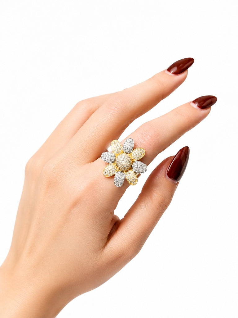 14K CZ TWO TONE BIG FLOWER RING – 7 & 8 – JY Jewelry Wholesale