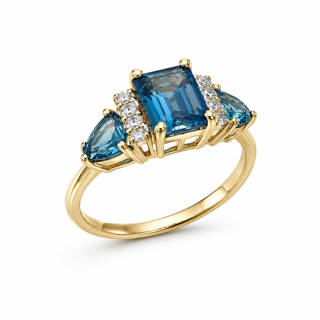 10K 3 STONE NATURAL TOPAZ EMERALD CUT RING – 7 – JY Jewelry Wholesale