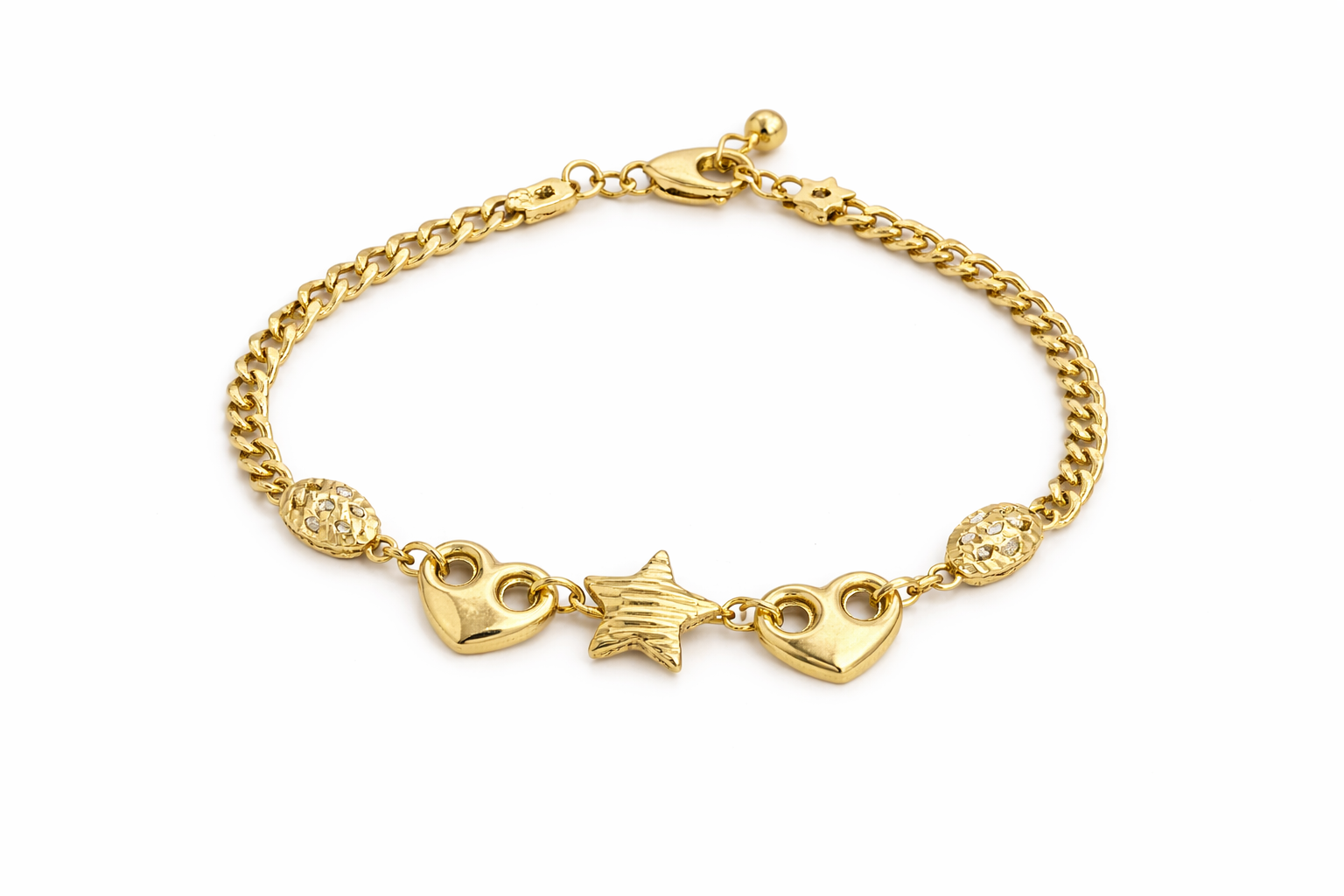 14K DELICATE TWO HEARTS AND STAR CENTER BRACELET – 7.5-9" – JY Jewelry Wholesale
