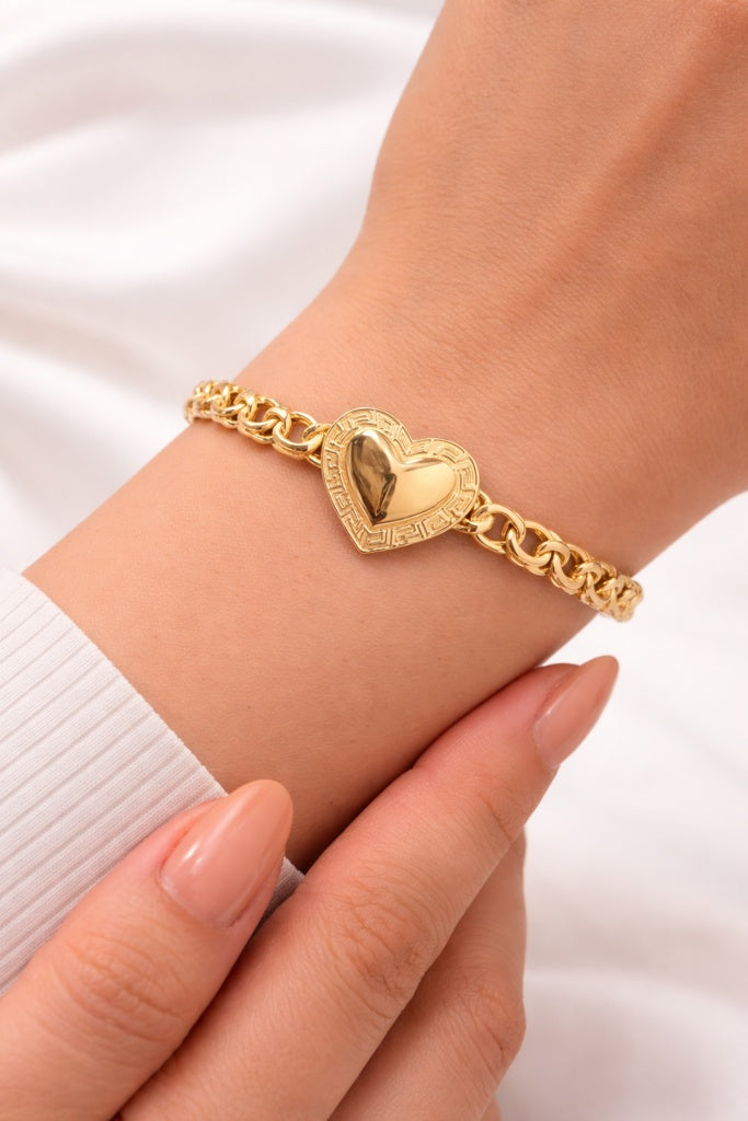 14K SMALL HEART GREEK DESIGN FRAME CHINO LINK STYLE BRACELET – 8" 5MM – JY Jewelry Wholesale