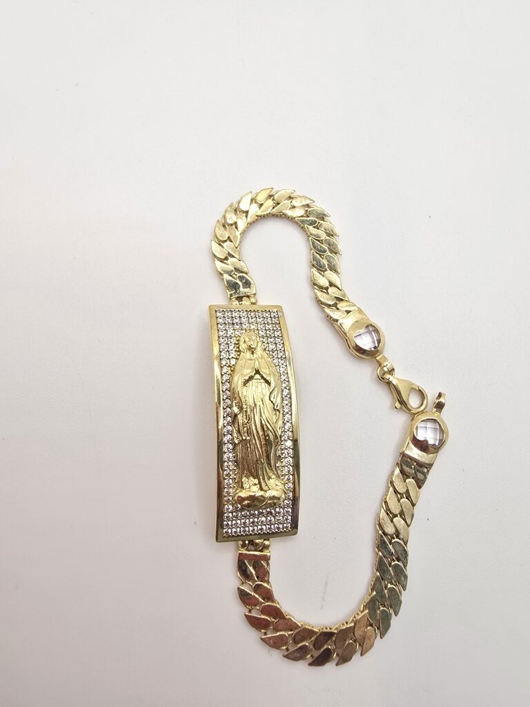 10K FLAT CURB LINK BRACELET WITH VIRGIN MARY – 7" 5.5MM – JY Jewelry Wholesale