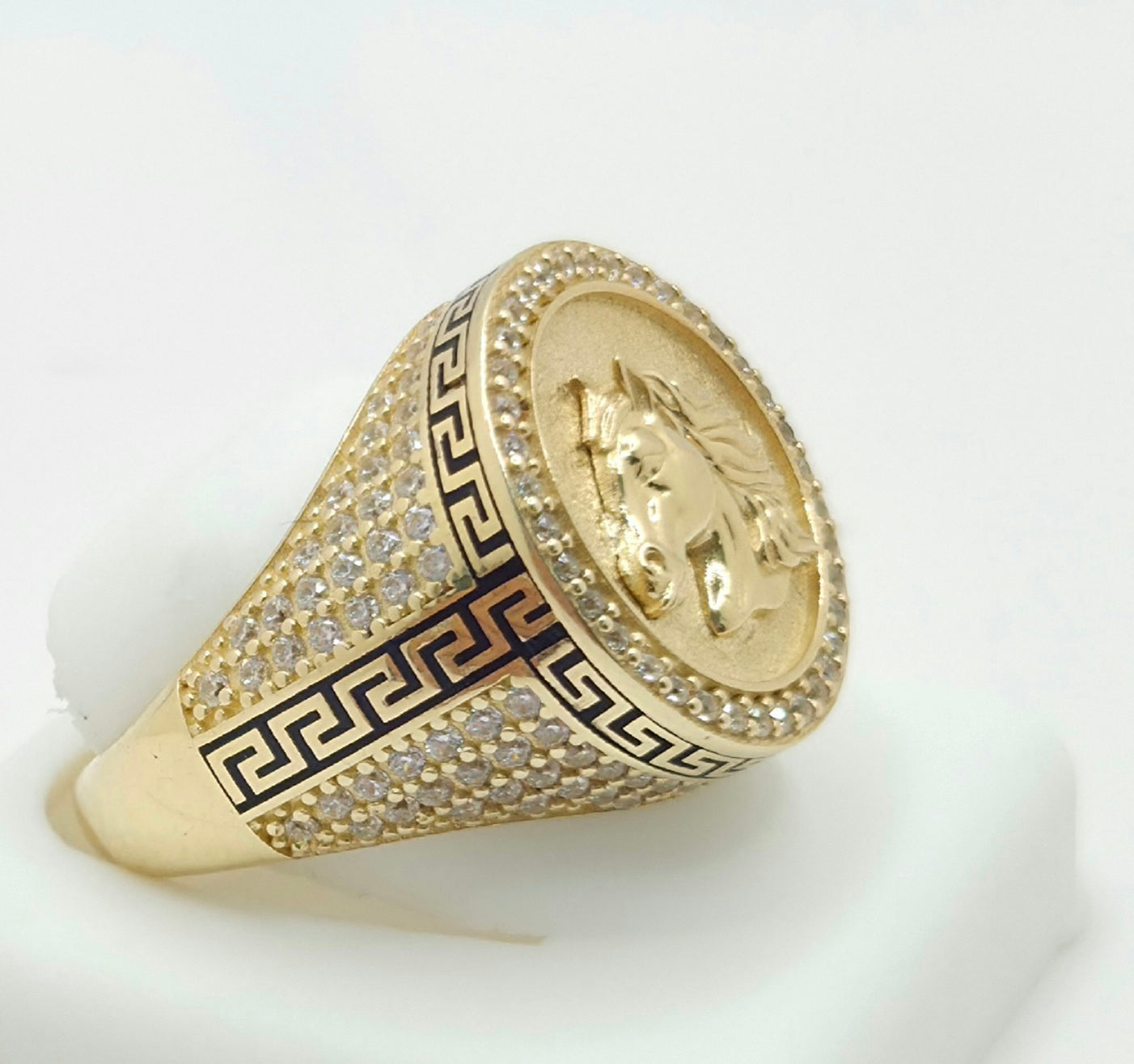 14K CZ ROUND FACE HORSE RING GREEK DETAIL – 11 – JY Jewelry Wholesale