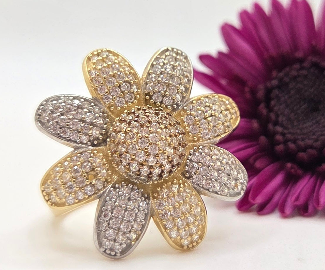 14K CZ TWO TONE BIG FLOWER RING – 7 & 8 – JY Jewelry Wholesale