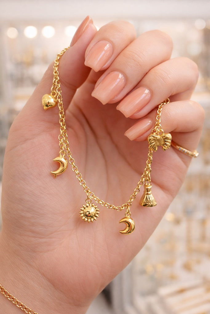 14K MOON-SUN-MONEY BAG-HEART-RIBBON PENDANTS BRACELET – 7" – JY Jewelry Wholesale