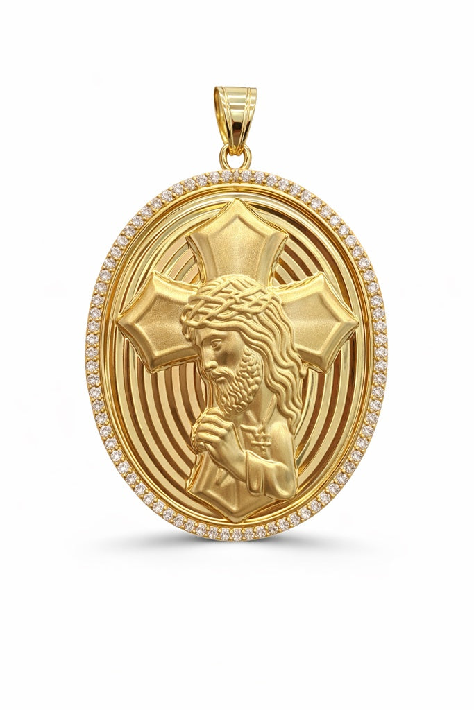 10K CZ FRAME JESUS OVAL PENDANT – LARGE – JY Jewelry Wholesale