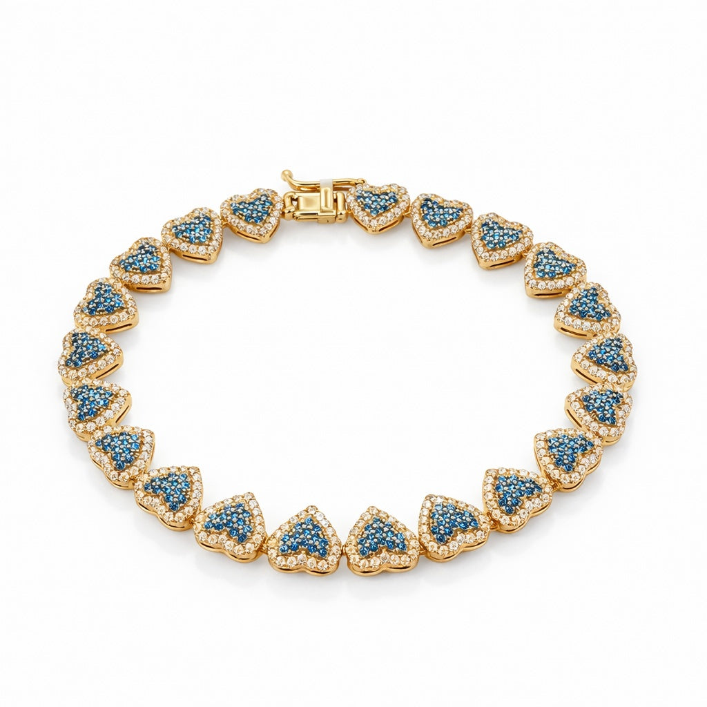 10K ELEGANT CZ BLUE HEARTS BRACELET – 7" – JY Jewelry Wholesale