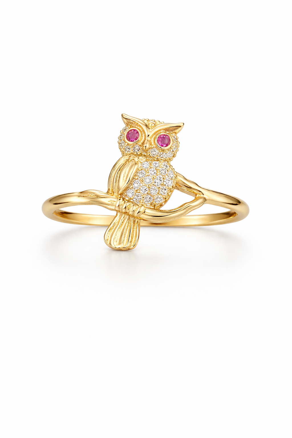 14K CUTE OWL RING WITH PINK EYES AND DETAILS OF CZ – 8.5 – JY Jewelry Wholesale
