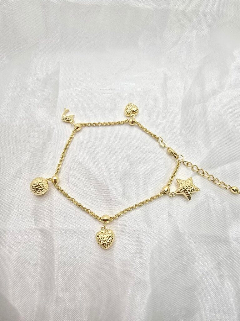 10K STAR DOLPHIN BALL AND HEART ROPE BRACELET – 7" – JY Jewelry Wholesale
