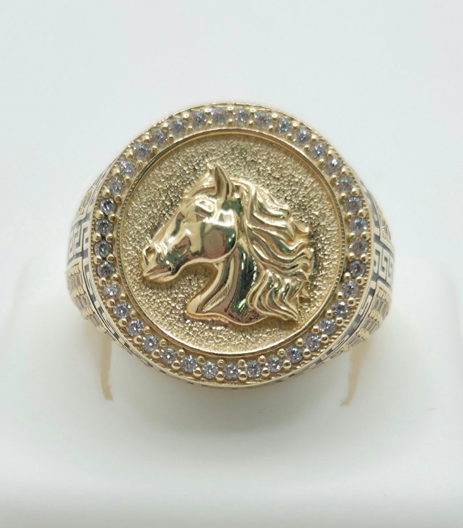 14K CZ ROUND FACE HORSE RING GREEK DETAIL – 11 – JY Jewelry Wholesale