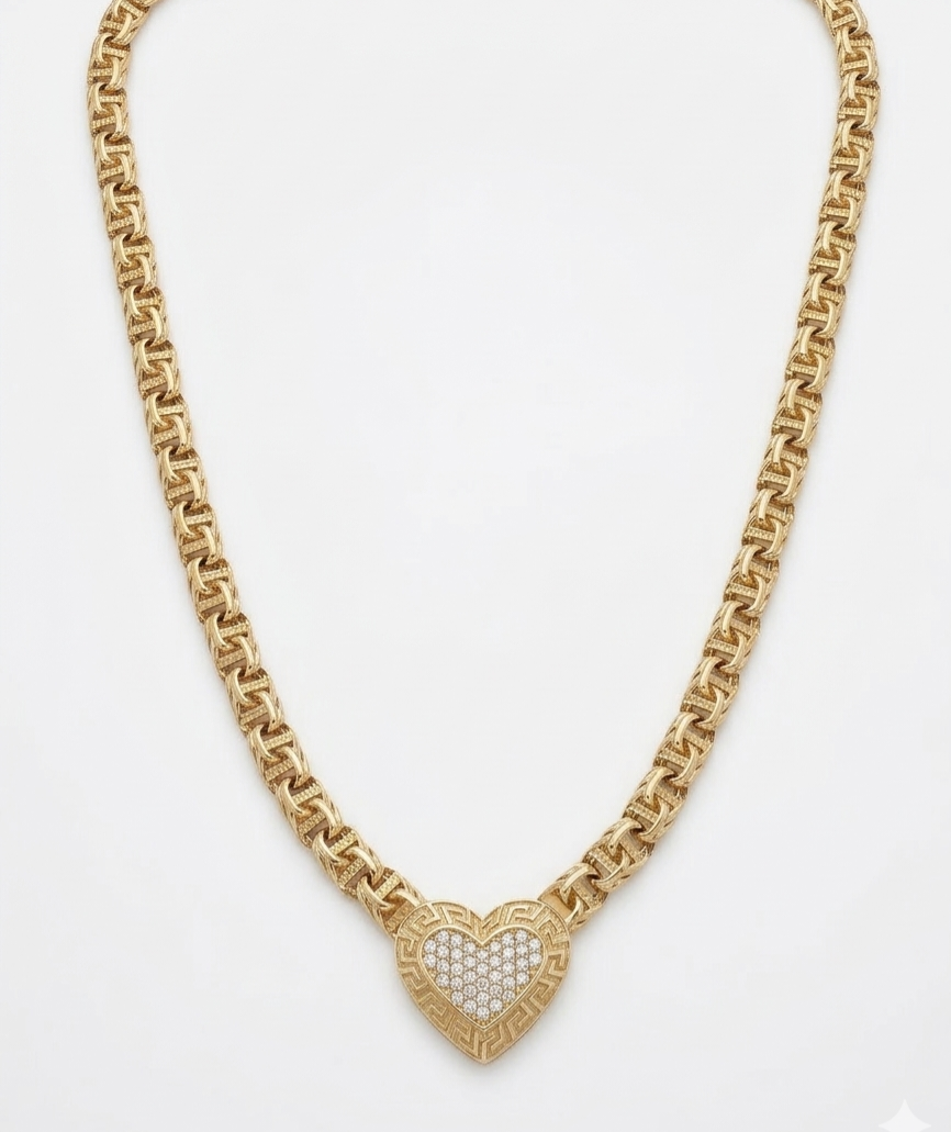 14K CZ SMALL HEART CHINO LINK NECKLACE WITH GREEK DETAILS – 18" 5MM – JY Jewelry Wholesale