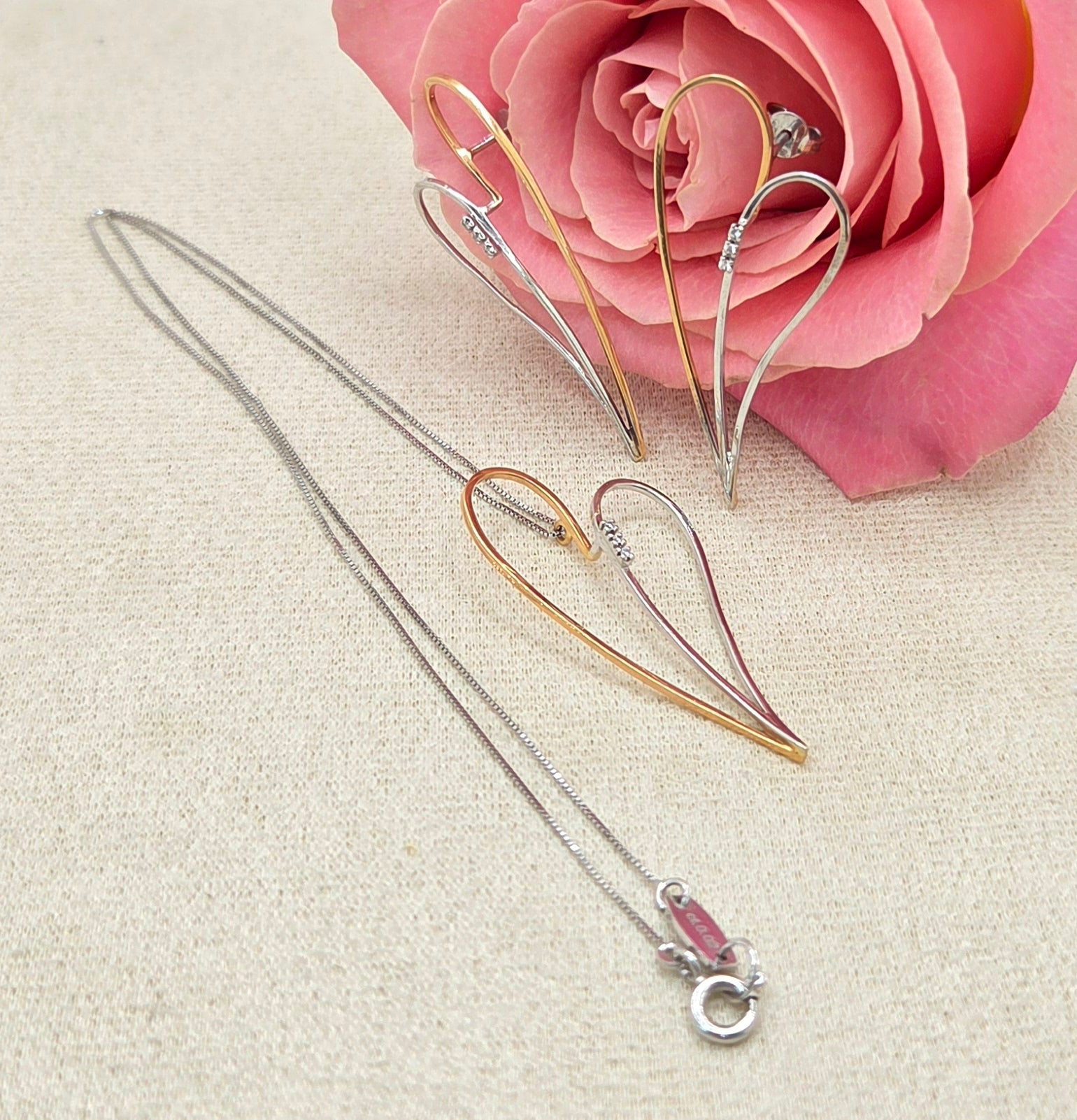 18K TWO TONE DIAMOND HEART SET CHAIN AND EARRINGS – 18" – JY Jewelry Wholesale