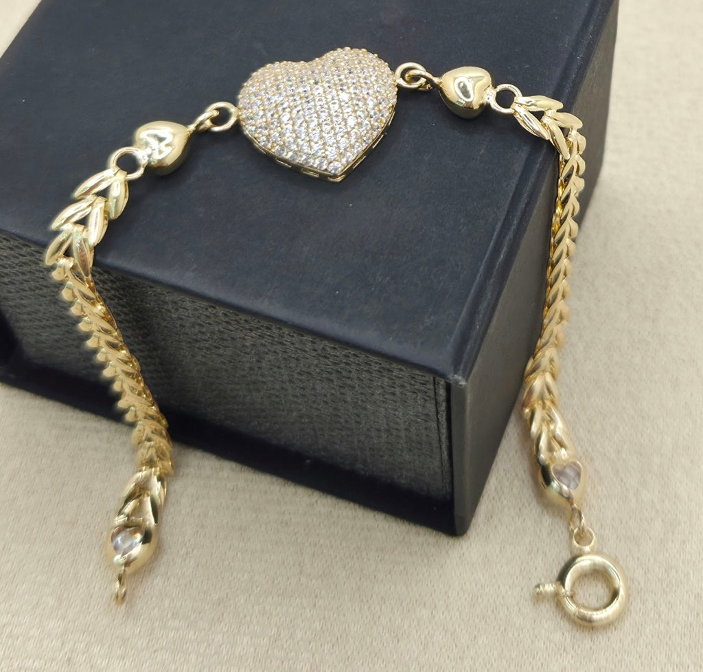 14K CZ HEART LEAVES LINK BRACELET – 7" – JY Jewelry Wholesale