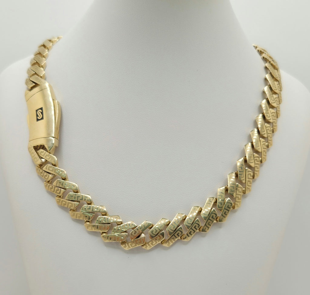10K CERTIFIED PLAIN MONACO EDGE CHAIN GREEK DETAIL – 24" 9.5MM – JY Jewelry Wholesale
