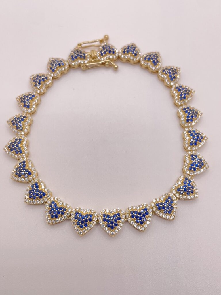 10K ELEGANT BLUE CZ HEART BRACELET – 7" – JY Jewelry Wholesale