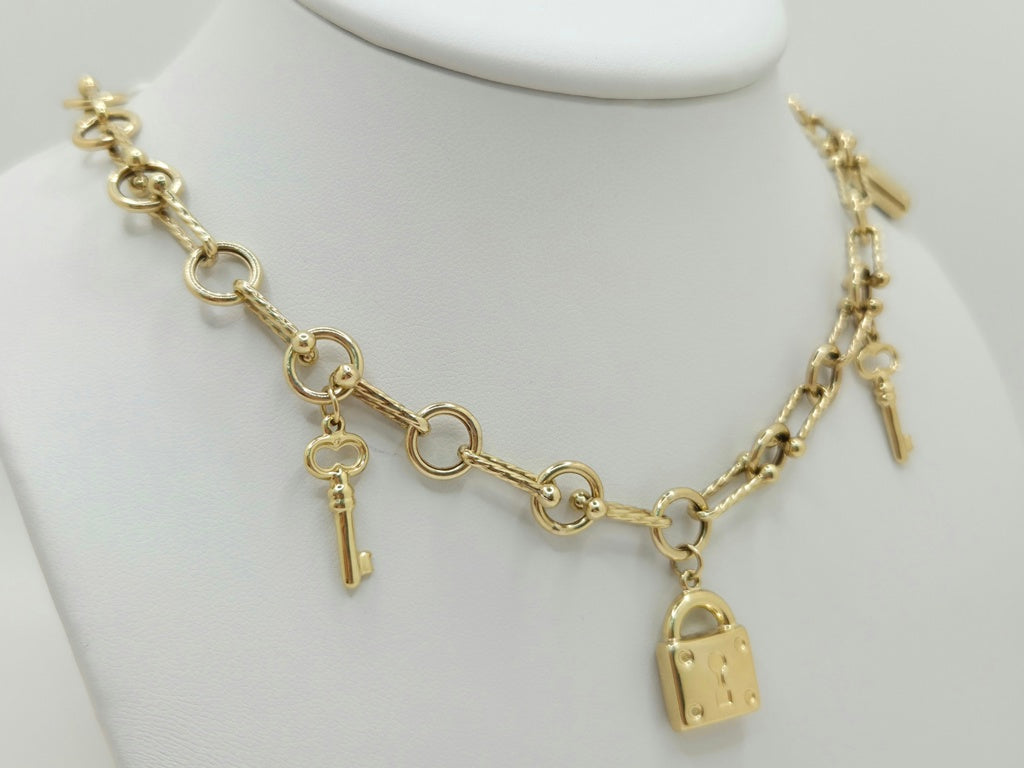 10K PAPER CLIP CHAIN WITH KEYS AND PADLOCK CHARMS – 18" – JY Jewelry Wholesale