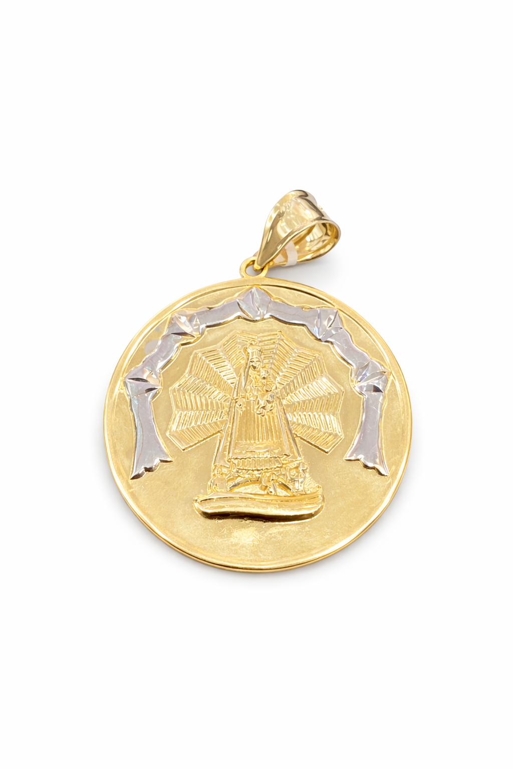 10K MEDIUM TWO TONE DETAILS CARIDAD ROUN PENDANT – MEDIUM – JY Jewelry Wholesale